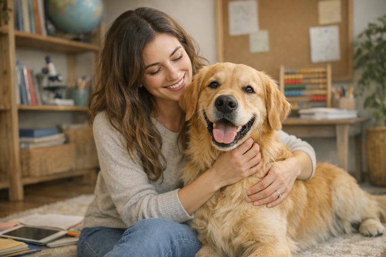 Happy dog with caring owner in calm home setting with learning materials in background