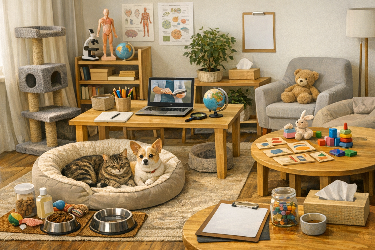 Calm home environment showing pet care, learning materials, and supportive service setting