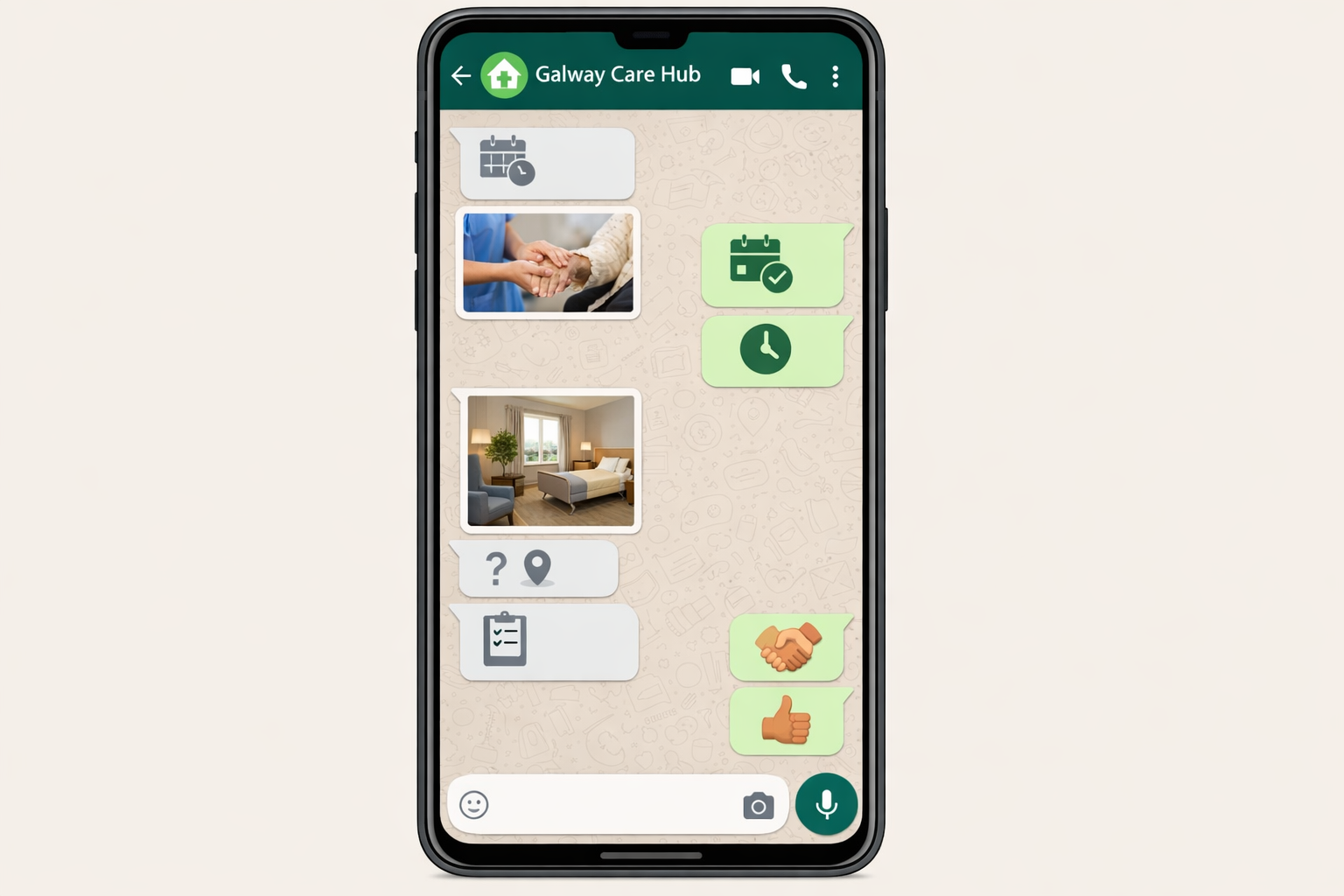 Clean smartphone interface showing WhatsApp booking conversation with Galway Care Hub
